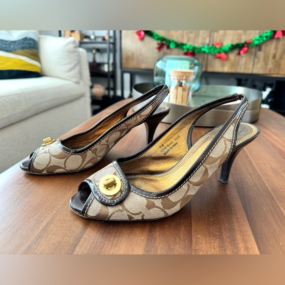 Coach Logo Fabric Leather Sling Back Heels - Picture 3 of 8